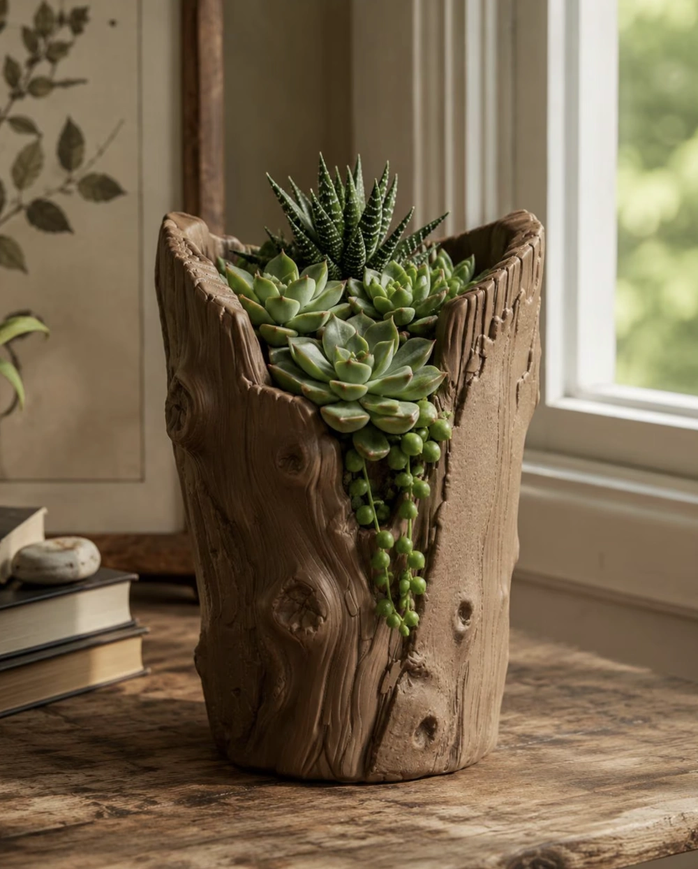 Wood Color Tree Stump Planter | Rustic Hollow Log Plant Pot | Woodland