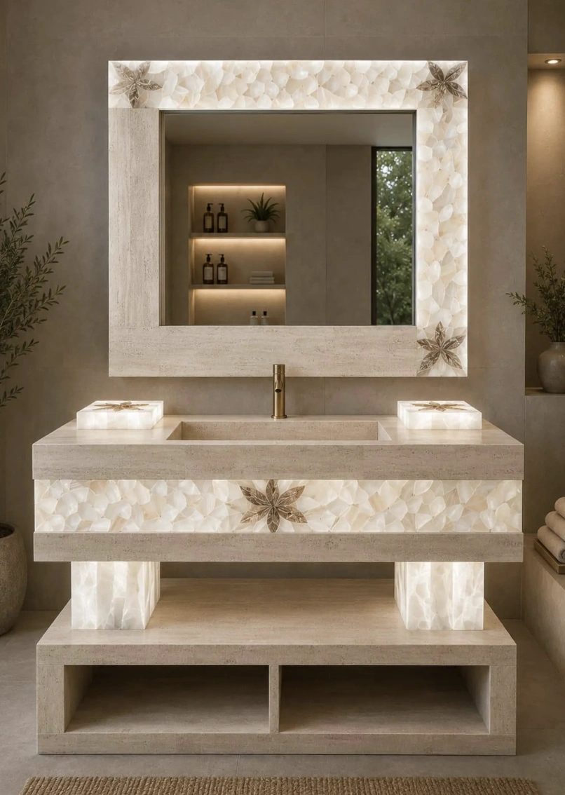 Custom White Onyx Bathroom Vanity with Illuminated Mirror