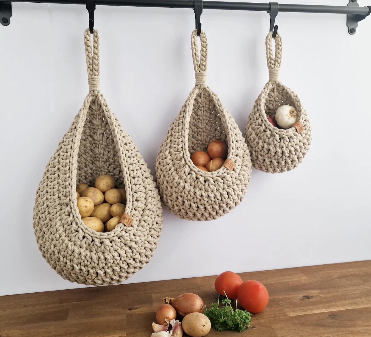 Crochet Hanging Basket: Kitchen Vegetable Storage, Boho Home Decor